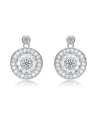 White Gold Plated with Clear Cubic Zirconia Concentric Halo Medallion Drop Earrings