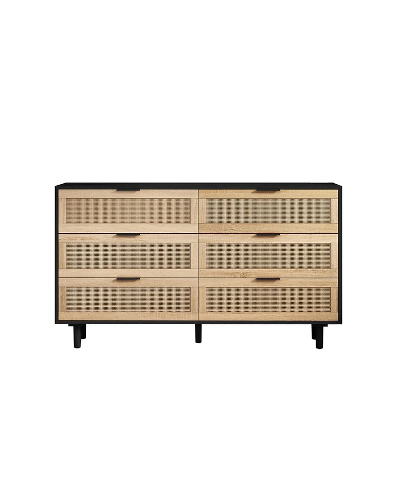 51.18" 6-Drawers Rattan Storage Cabinet Rattan Drawer, for Bedroom, Living Room, Black (Same Sku:W757112779