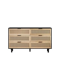51.18" 6-Drawers Rattan Storage Cabinet Rattan Drawer, for Bedroom, Living Room, Black (Same Sku:W757112779