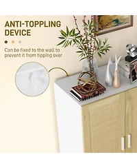 Sideboard Buffet Cabinet, Kitchen Cabinet, Coffee Bar Cabinet with 2 Rattan Doors and Adjustable Shelves, White and Natural