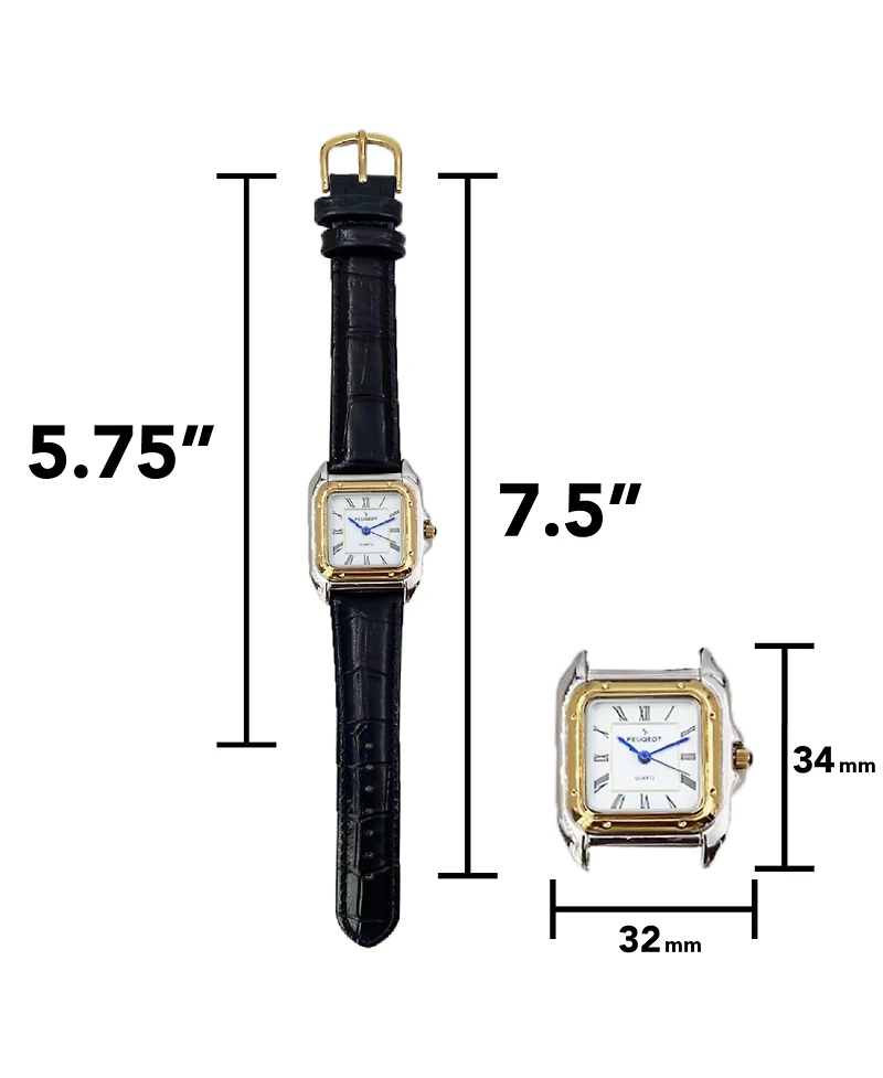 Peugeot Women's Watch 36mm Square Tank Shape Black Leather Strap Watch