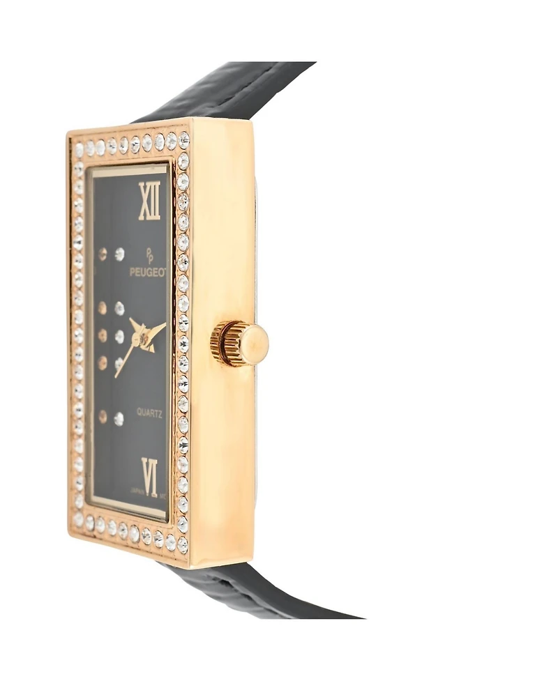 Peugeot Women's 35x20mm Crystal Bezel Watch with Glossy Black Leather Strap