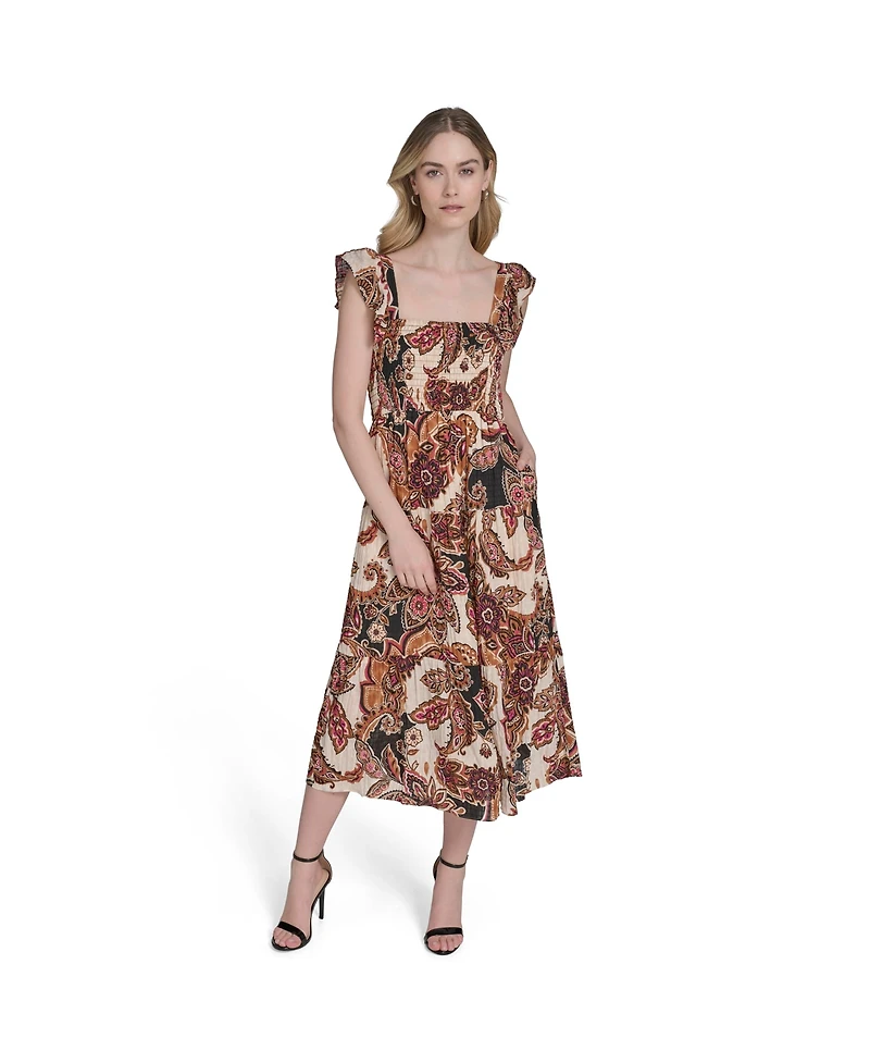 Vince Camuto Women's Printed Square-Neck Ruffled-Shoulder Dress