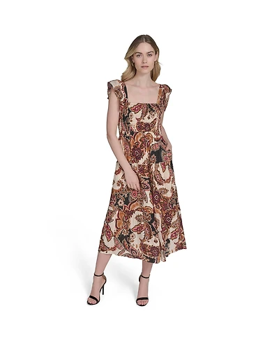 Vince Camuto Women's Printed Square-Neck Ruffled-Shoulder Dress