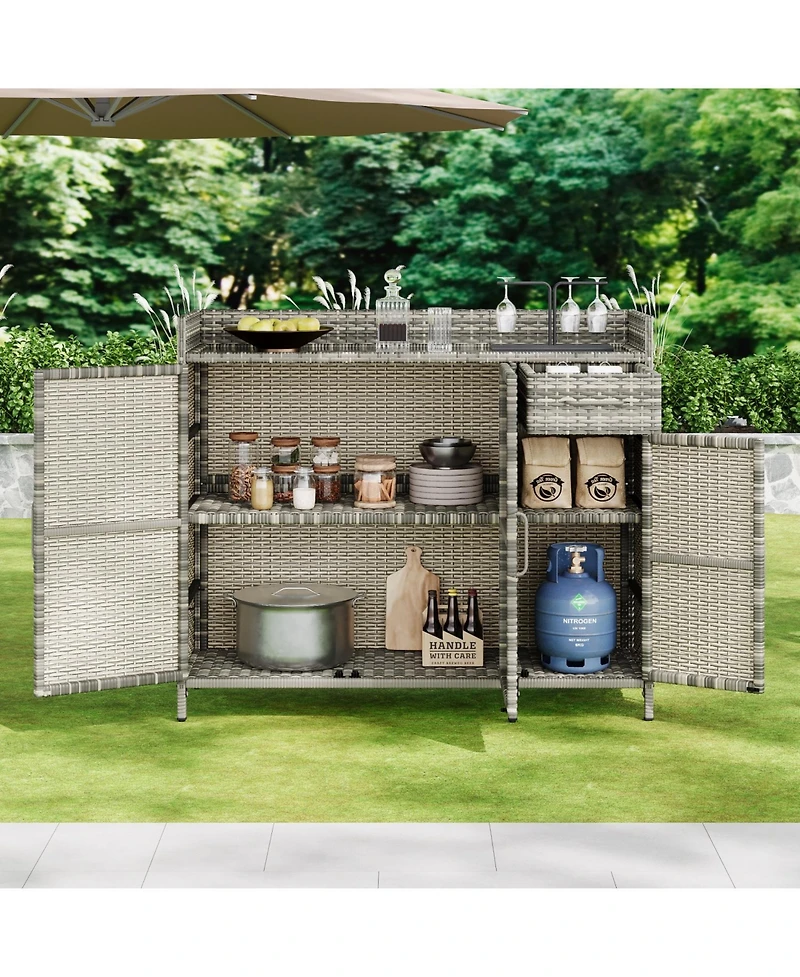 Wicker Outdoor Storage Cabinet & Bar Table Combo