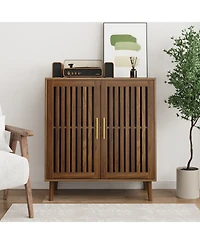 Farmhouse Buffet Cabinet with Louvered Doors - Walnut