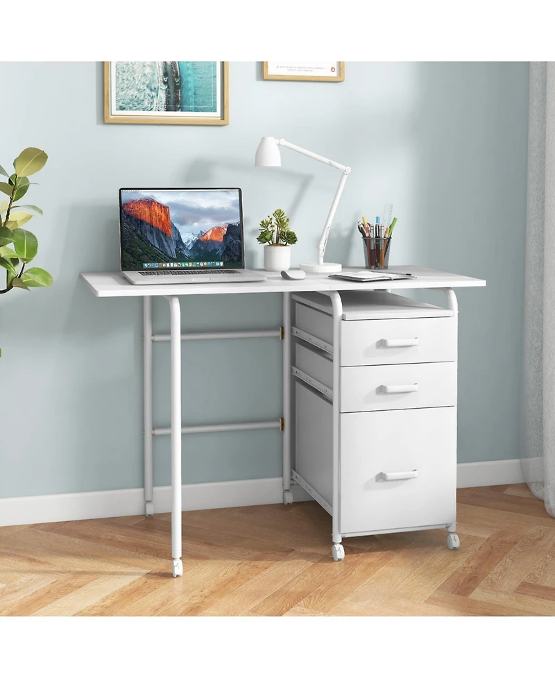 Home Office Folding Computer Laptop Desk Wheeled with 3 Drawers