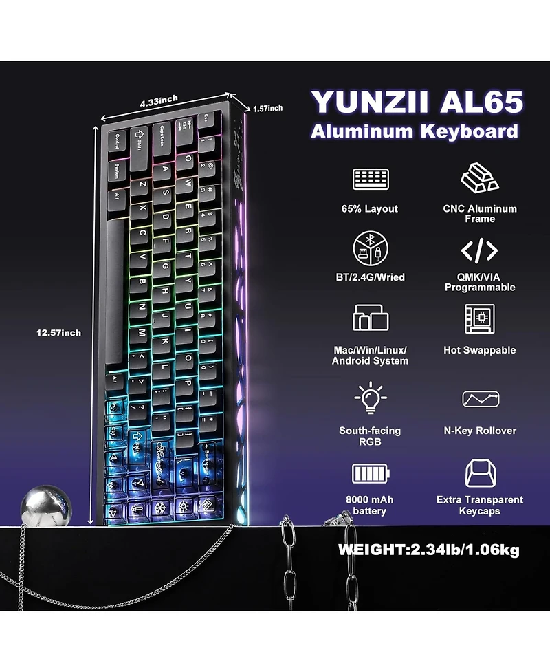 Yunzii AL65 Wireless Mechanical Keyboard, Full Aluminum Cnc,Support Qmk/Via Software Gasket Structure,60% Hot Swappable with Rgb Backlit Bt/2.4G/Usb-c