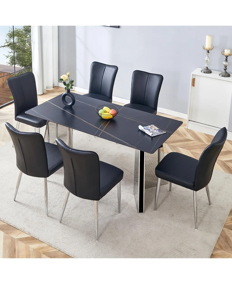 Streamdale Elegant Black Marble Dining Set Tabletop, Butterfly Legs, 6 Pu Chairs