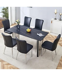 Streamdale Elegant Black Marble Dining Set Tabletop, Butterfly Legs, 6 Pu Chairs