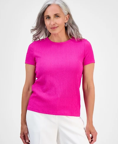 Jones New York Petite Crinkle Bubble-Knit Short-Sleeve Top