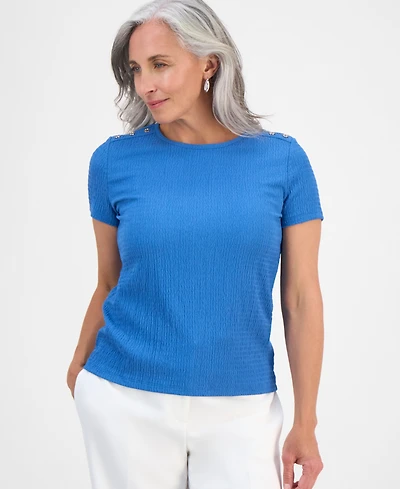 Jones New York Petite Crinkle Bubble-Knit Short-Sleeve Top