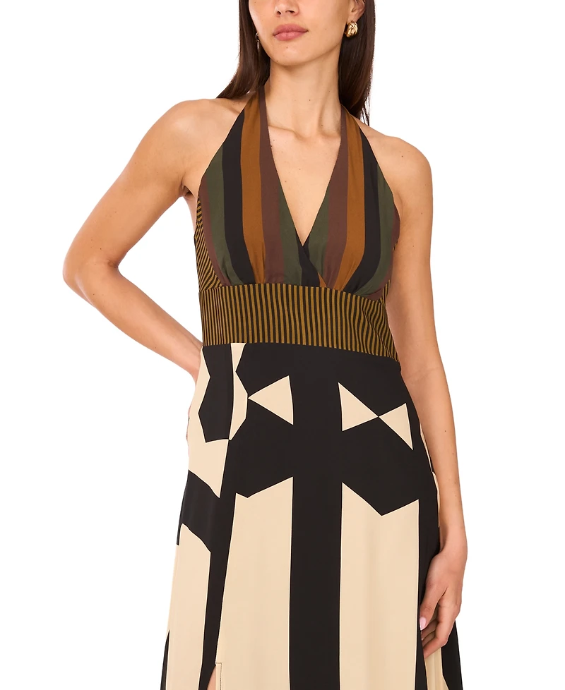 Vince Camuto Women's Mixed-Print V-Neck Maxi Halter Dress