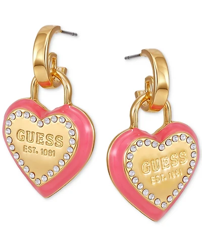 Guess Gold-Tone Pink Heart Drop Hoop Earrings