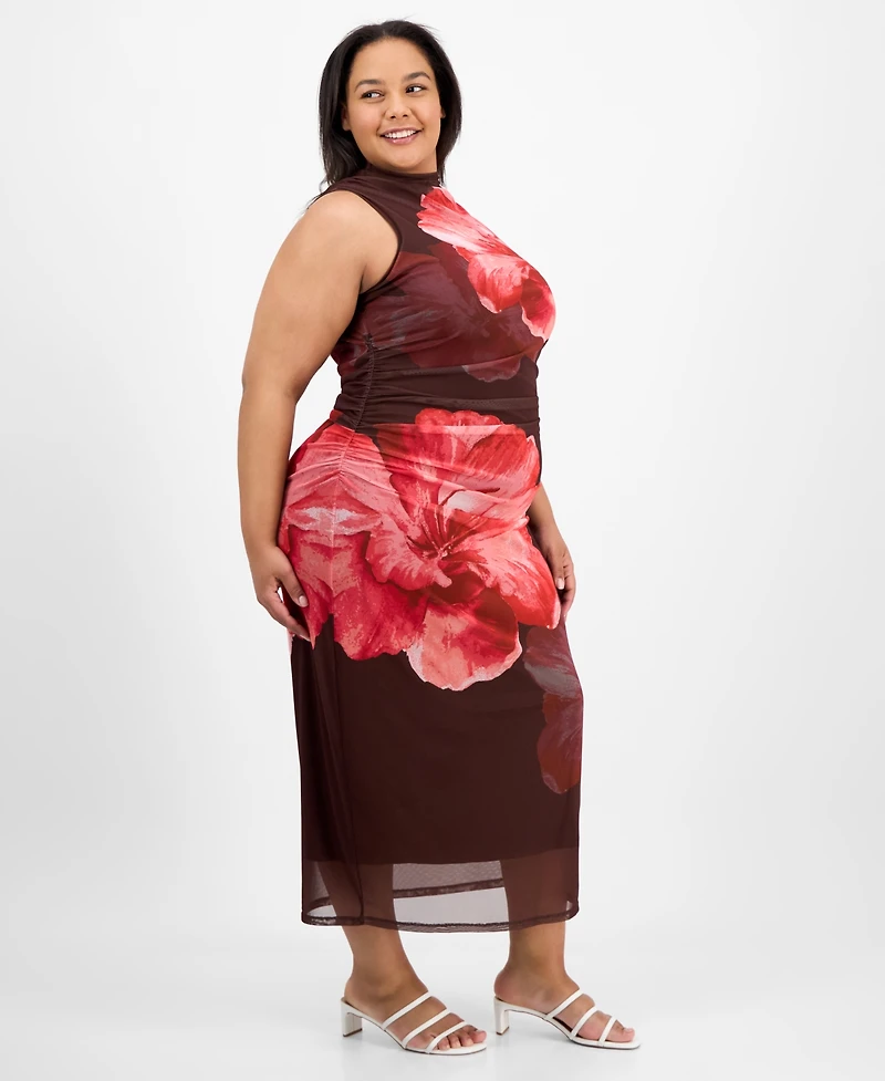 Madden Girl Trendy Plus Size Ruched Floral-Print Mesh Dress