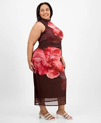 Madden Girl Trendy Plus Size Ruched Floral-Print Mesh Dress