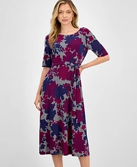 Kasper Women's Printed Tie-Waist Elbow-Sleeve Midi Dress