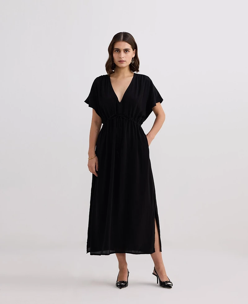 Reistor Women's V-neck Gathered Maxi Dress Black