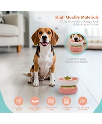 P.t. Supply Co. Strawberry Shaped Stoneware Elevated Pet Bowl, Raised Ceramic Food & Water Dish for Dogs and Cats