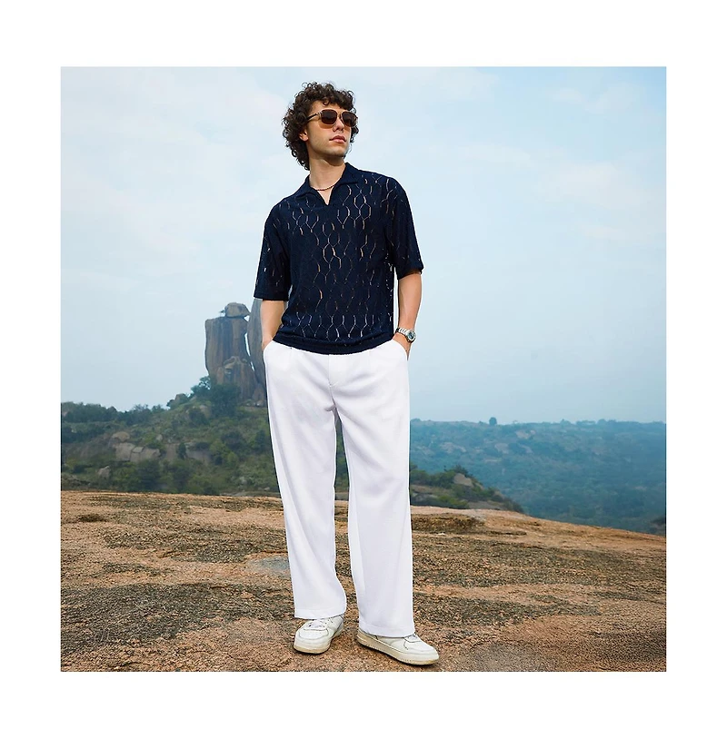 Campus Sutra Men's Prussian Blue Honeycomb-Knit Polo T-Shirt