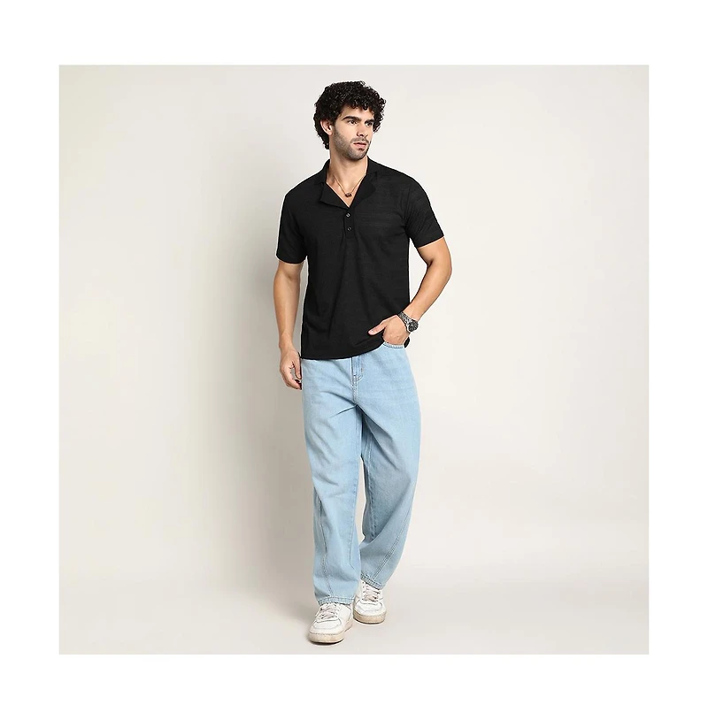 Campus Sutra Men's Onyx Black Panel-Tactile Cuban Polo T-Shirt