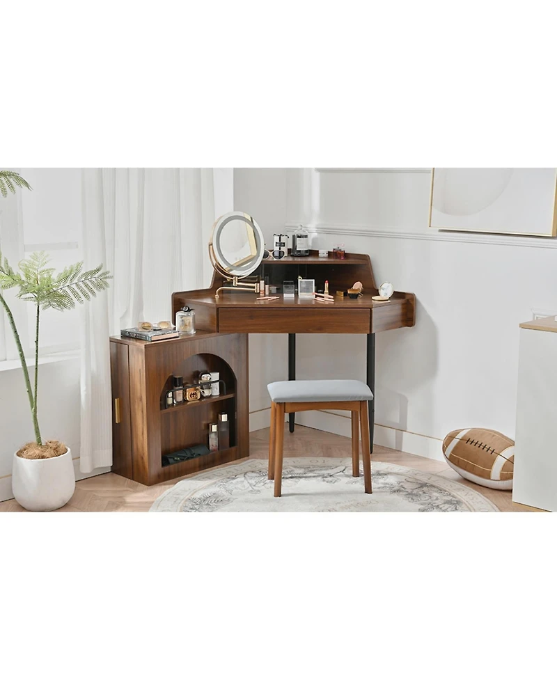 Walnut Corner Vanity Desk with Mirror & Led Lights