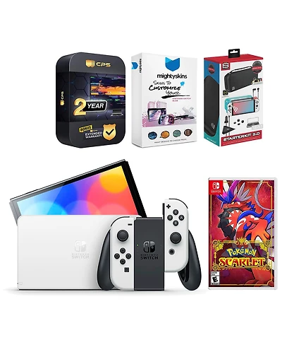 Nintendo Switch White Oled Console with Pokemon Scarlet, Surge Accessory Gaming Kit, MightySkins Console and Controller Skin Voucher and 2 Year Cps Ex