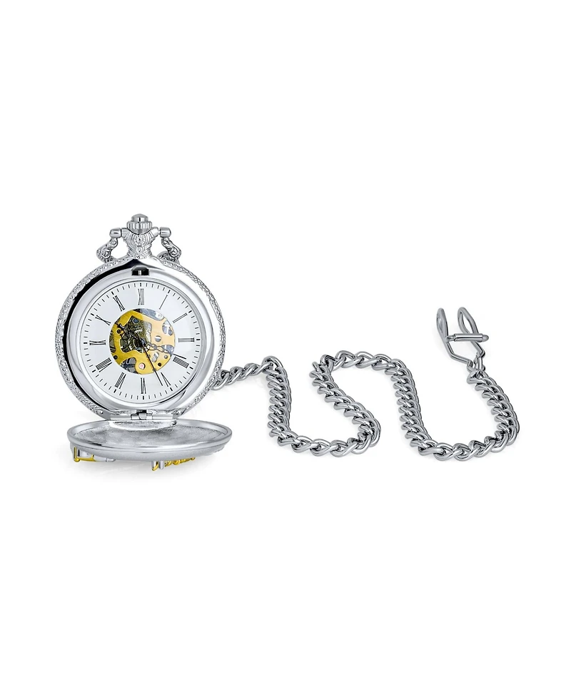 Bling Jewelry Skeleton Pocket Watch Two-Tone Roman Numerals Gold Silver Chain