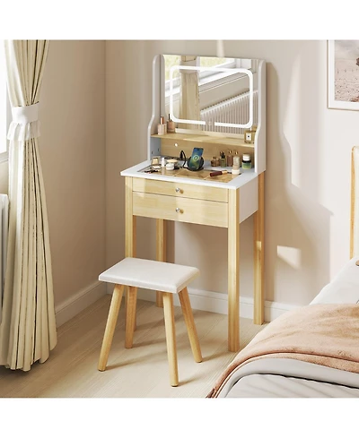 Small Vanity Desk Set with Adjustable Led Lighted Mirror and Power Outlets