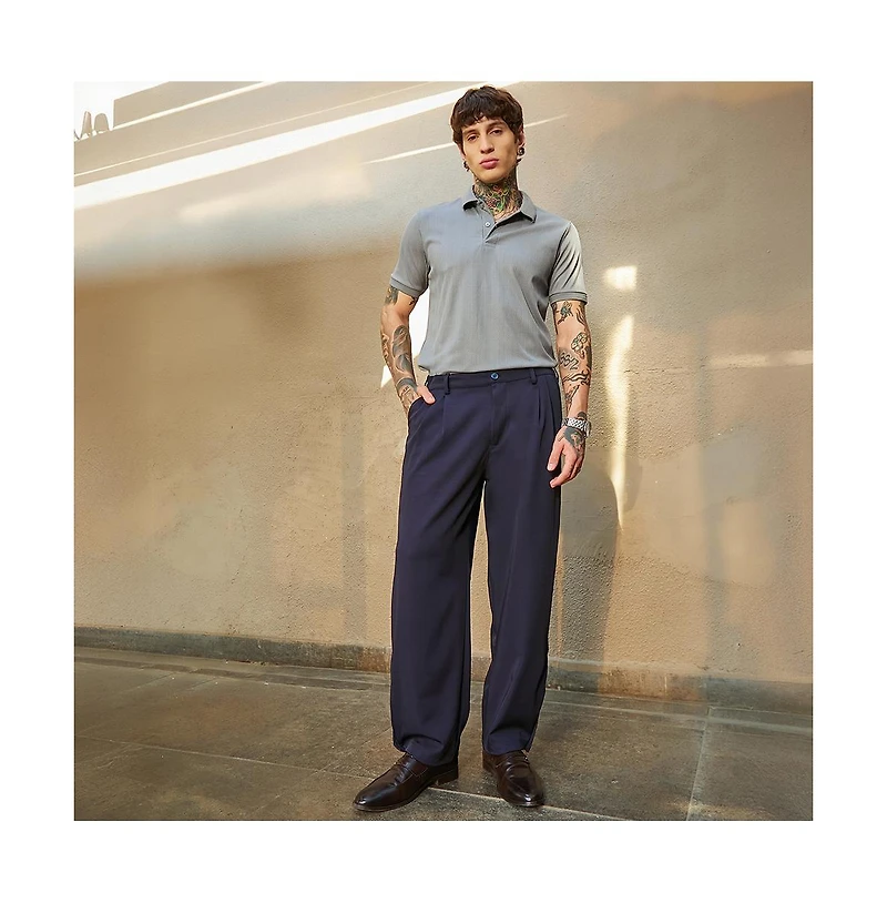 Campus Sutra Men's Midnight Black Straight-Cuffed Pleated Trousers