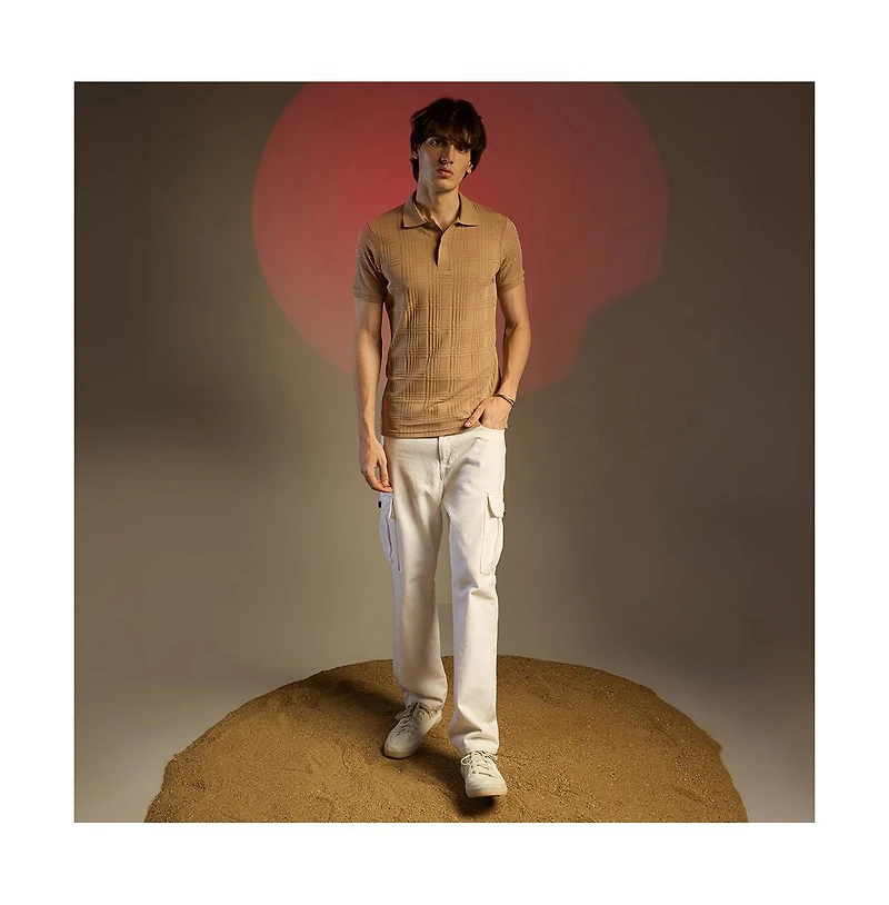 Campus Sutra Men's Buff Beige Intertwine-Textured Polo T-Shirt