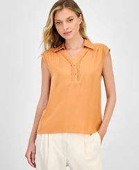 T Tahari Women's Solid Collared Cap-Sleeve V-Neck Blouse