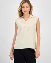 T Tahari Women's Solid Collared Cap-Sleeve V-Neck Blouse