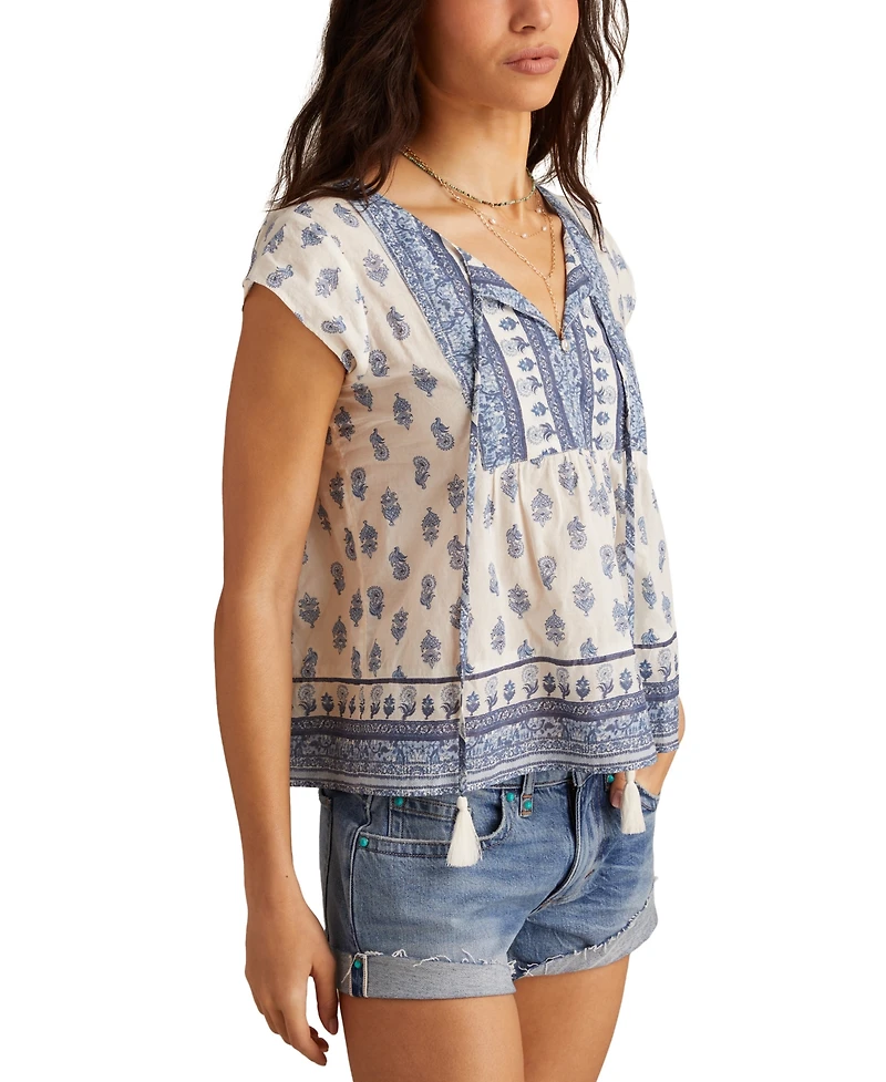 Lucky Brand Women's Cotton Mixed-Print Peasant Blouse