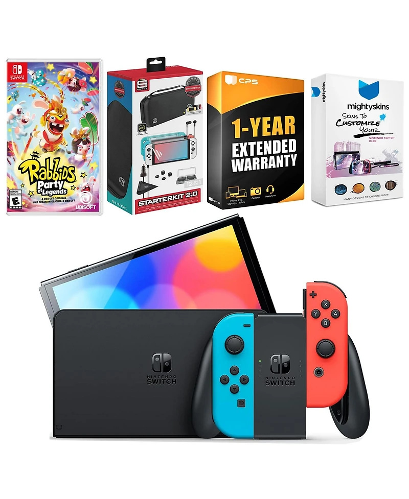 Nintendo Switch Neon Red & Blue Oled Console with Rabbids: Party of Legends Edition, Surge Accessory Gaming Kit