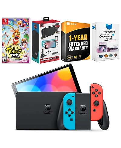 Nintendo Switch Neon Red & Blue Oled Console with Rabbids: Party of Legends Edition, Surge Accessory Gaming Kit