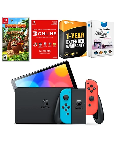 Nintendo Switch Neon Red & Blue Oled Console with Donkey Kong Country Returns Hd, Nso 12 Month Family Membership
