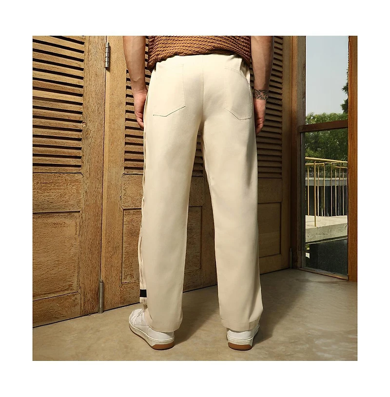 Campus Sutra Men's Off-White Side-Snap Straight Trousers