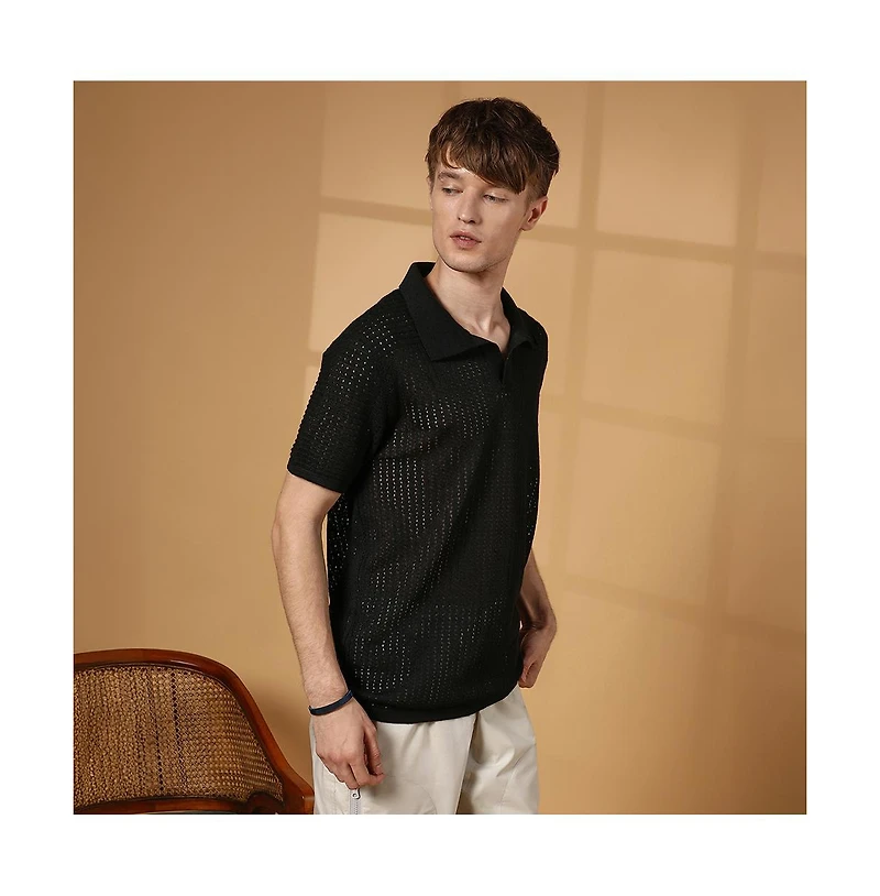 Campus Sutra Men's Raven Black Textured-Knit Polo T-Shirt