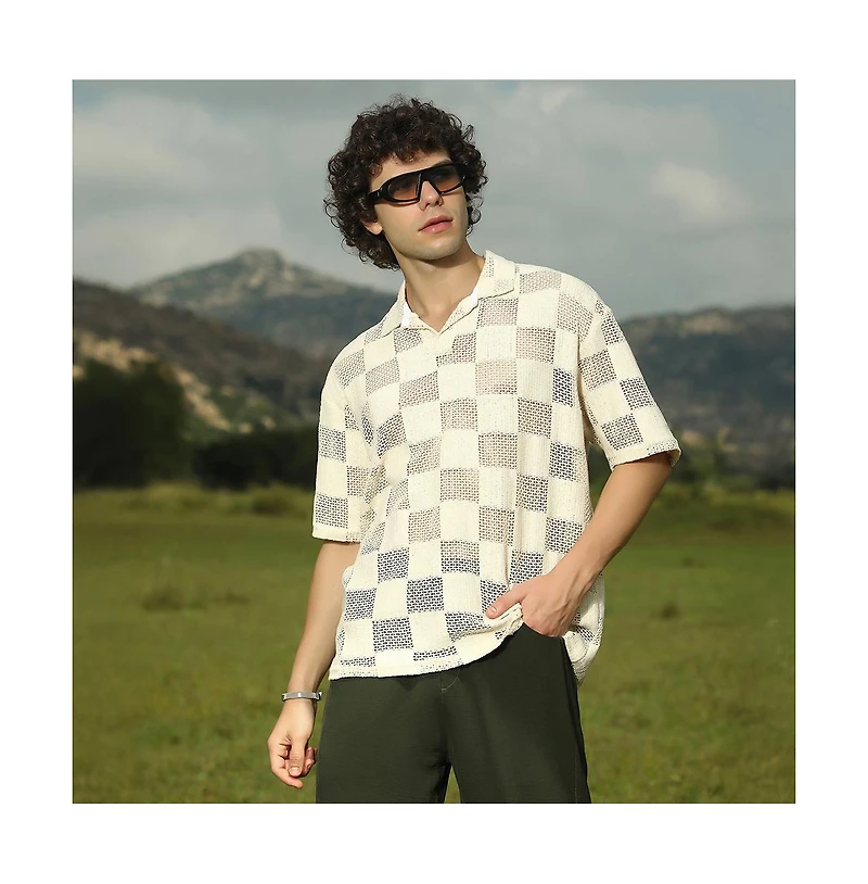 Campus Sutra Men's Saltbox Beige Grid Oversized Polo T-Shirt