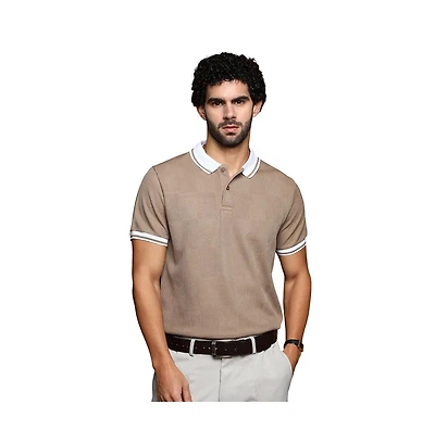 Campus Sutra Men's Sand Beige Cuboid-Stripe Polo T-Shirt