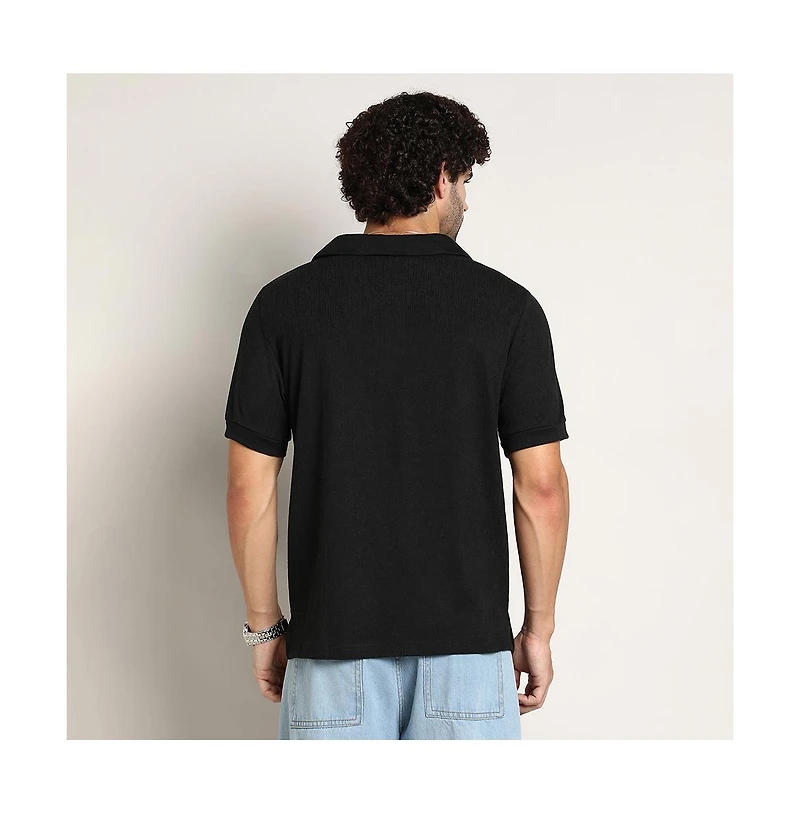 Campus Sutra Men's Onyx Black Tactitle Spread-Polo T-Shirt