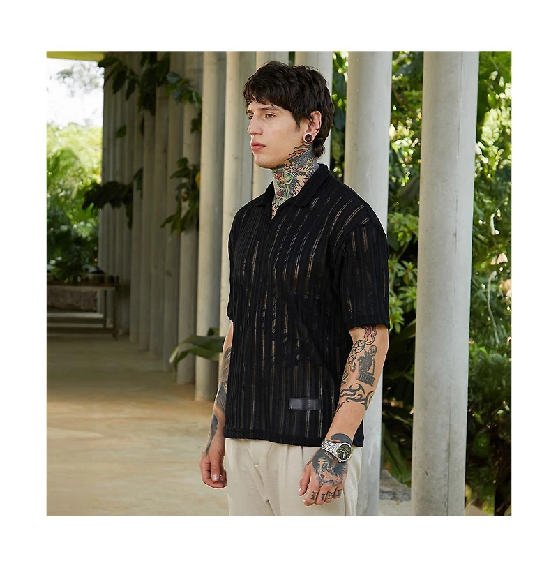 Campus Sutra Men's Onyx Black Duo-Striped Relaxed Polo T-Shirt