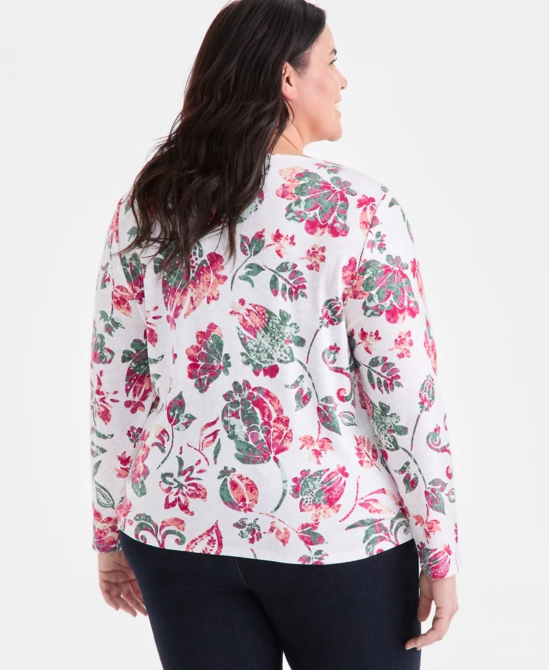 Style & Co Plus Printed Scoop-Neck Long-Sleeve Top