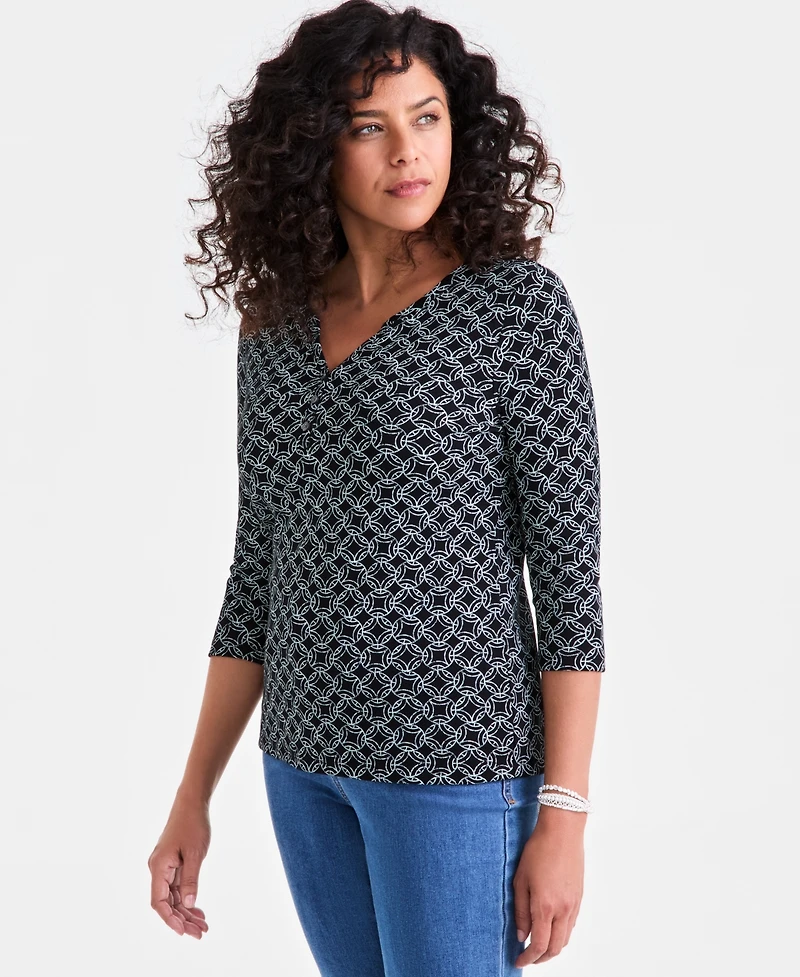 Style & Co Petite Printed 3/4-Sleeve Henley Knit Top, Exclusively at Macy's
