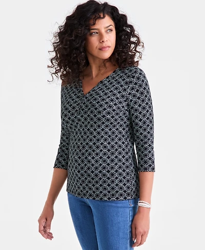 Style & Co Petite Printed 3/4-Sleeve Henley Knit Top, Exclusively at Macy's