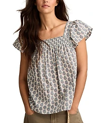 Lucky Brand Women's Square-Neck Smocked Cotton Peasant Top
