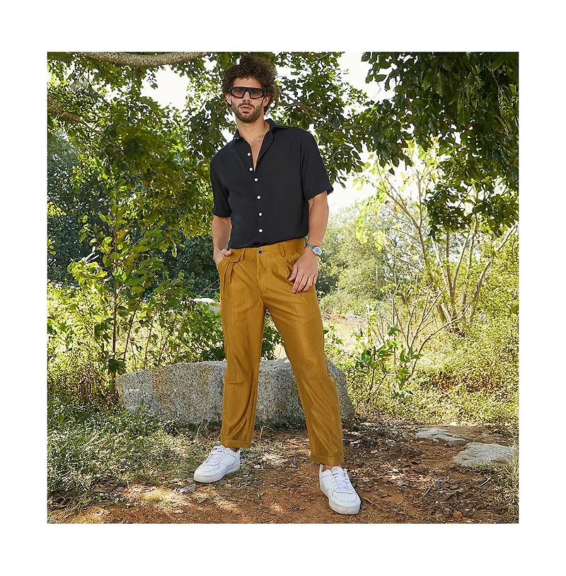 Campus Sutra Men's Mustard Yellow Corduroy Tailored Trousers