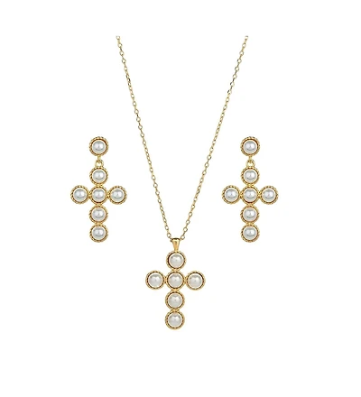 Sterling Silver 18k Gold Plated Victoria Cross Cultured Pearl Necklace & Earrings Set