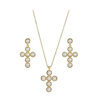 Sterling Silver 18k Gold Plated Victoria Cross Cultured Pearl Necklace & Earrings Set